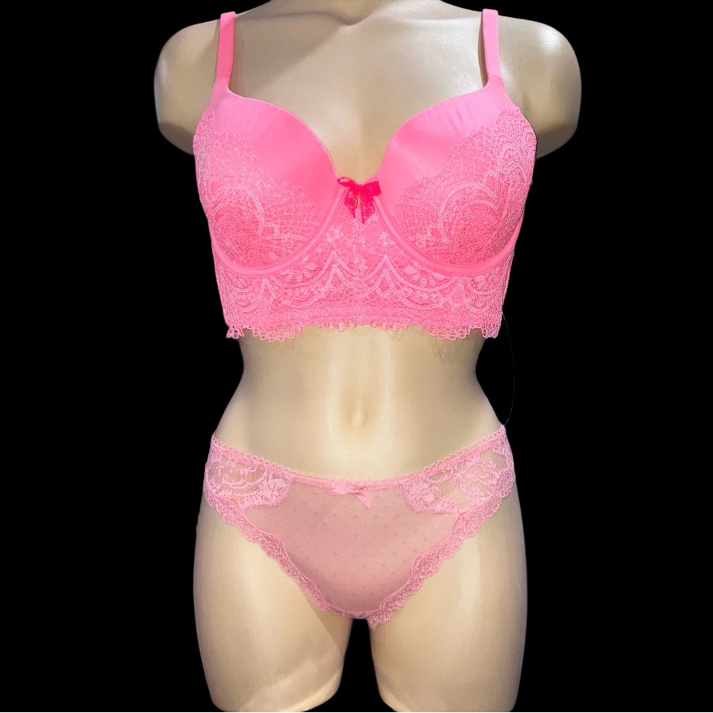 Victoria’s Secret Body Demi Lace Bustier Longline Bra Panty Set Pink Coral 34D S - Picture 11 of 11